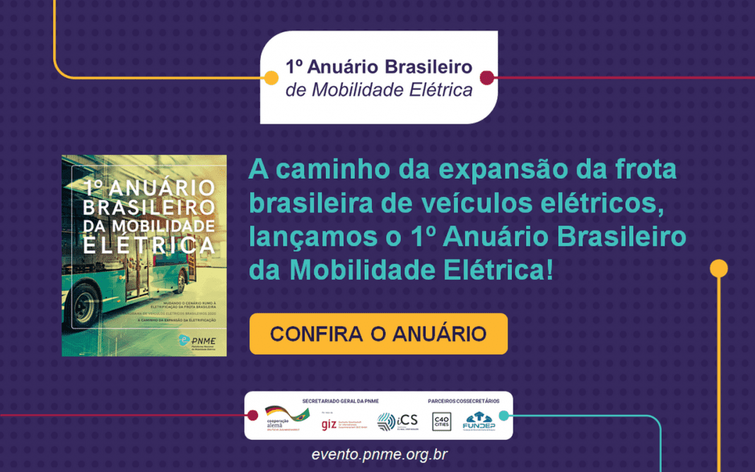 Imagem do lançamento do 1º Anuário Brasileiro da Mobilidade Elétrica da PNME, com a capa do levantamento e comunicação visual sobre