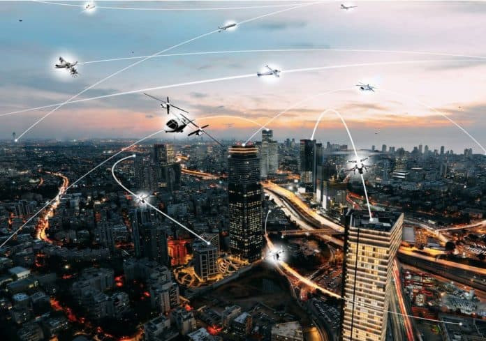 Perspectivas de veículos voadores não tripulados sobrevoando a cidade
