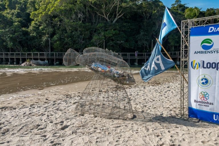 RESÍDUOS COLETADOS EM MUTIRÃO DE LIMPEZA NO LITORAL DE SC VIRAM OBRA DE ARTE